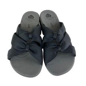 Clarks Cloudsteppers Arla Womens 6.5 Black Slide Sandals Wedge Bow Comfort